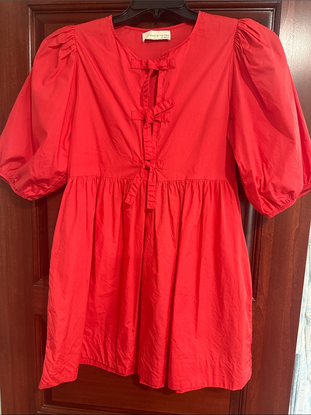 Red Puff-Sleeve Mini Dress with Front Bow Detail with Pockets